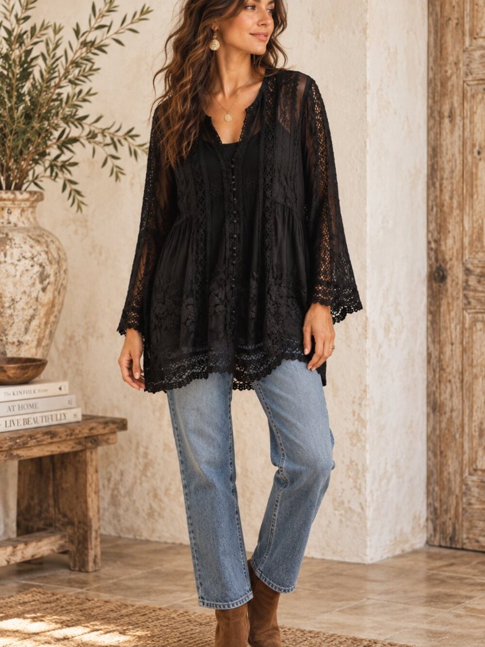 Johnny Was Tunic Womens Black Sheer Lace Embroidered Button Front Boho Top